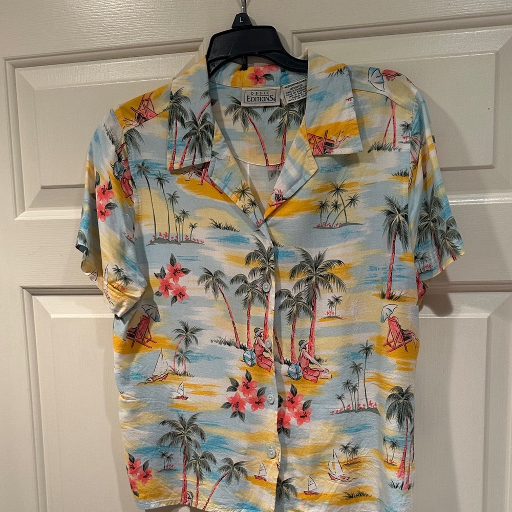 Tropical Palm Print Button-Up Shirt - Pastel Blue, Yellow & Pink